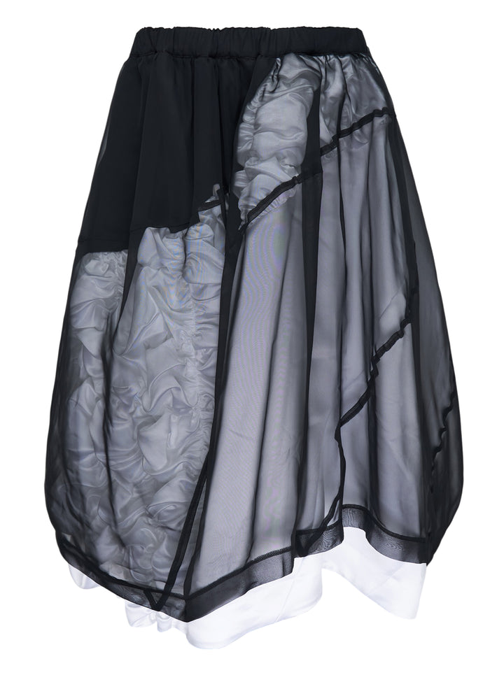 Comme des Garçons layered asymmetrical skirt in sheer black with ruched white lining and contrast white hem