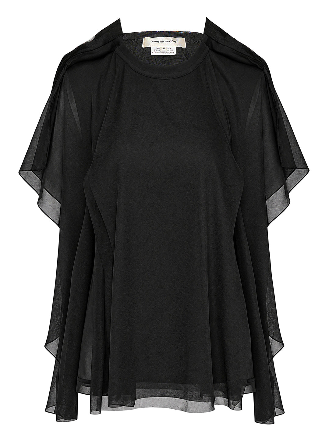 Comme des Garçons asymmetrical panelled oversize tee in black, featuring sheer chiffon flutter cape panels over an opaque jersey body, shown flat on white background