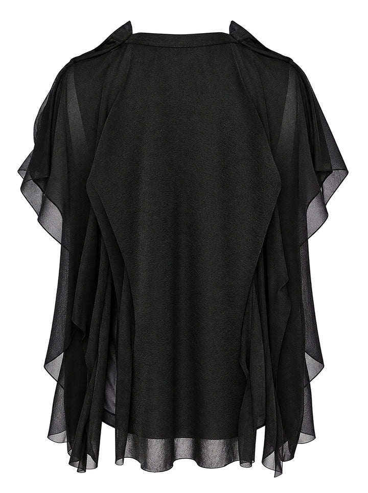 Comme des Garçons asymmetrical panelled oversize tee in black, featuring sheer chiffon flutter cape panels over an opaque jersey body, shown flat on white background - view 2