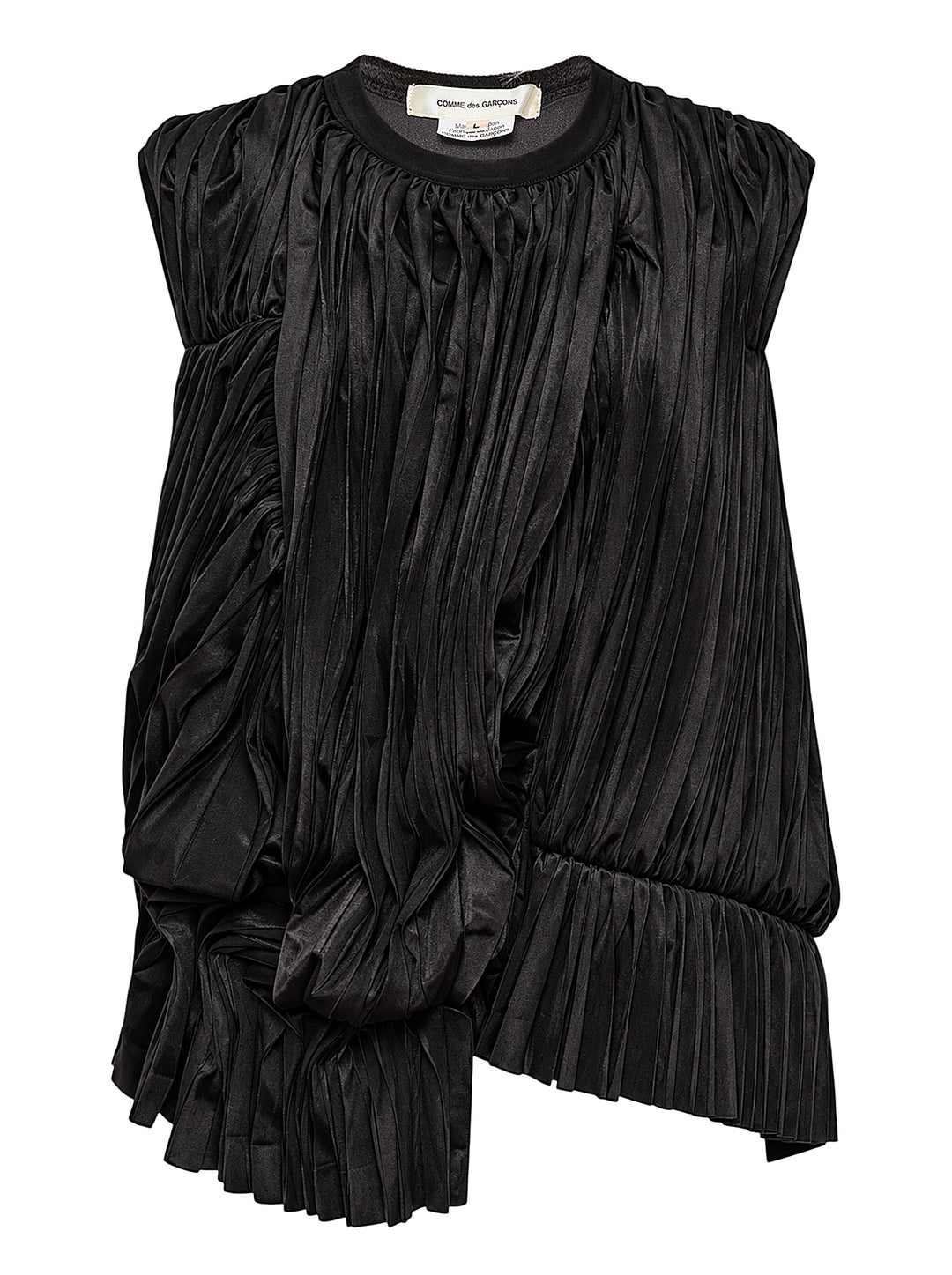 Comme des Garçons black pleated satin deconstructed ruched sleeveless top with asymmetric cascading hem, product flat lay on white background