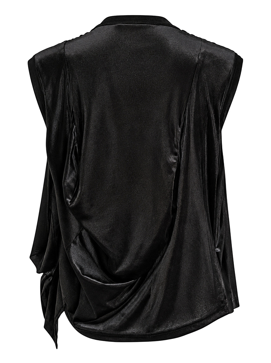 Comme des Garçons black pleated satin deconstructed ruched sleeveless top with asymmetric cascading hem, product flat lay on white background - view 2