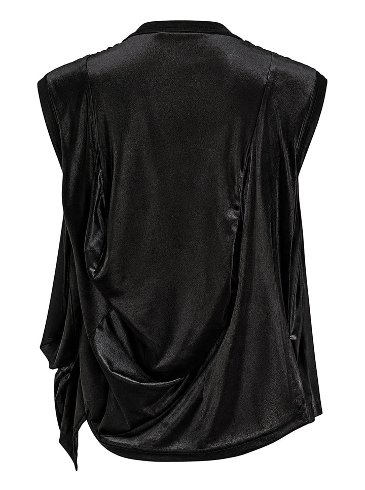 Comme des Garçons black pleated satin deconstructed ruched sleeveless top with asymmetric cascading hem, product flat lay on white background - view 2