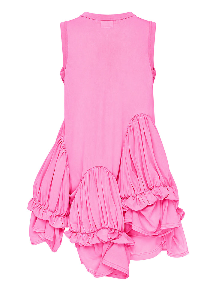 Comme des Garçons pink sleeveless dress with asymmetric gathered bubble panels and elasticated ruffle trim across the lower body - view 2
