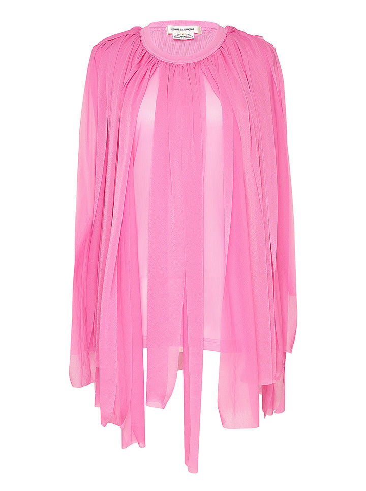 Comme des Garçons soft pleated sheer top in bubblegum pink, featuring a gathered round neckline and cascading semi-transparent streamer panels