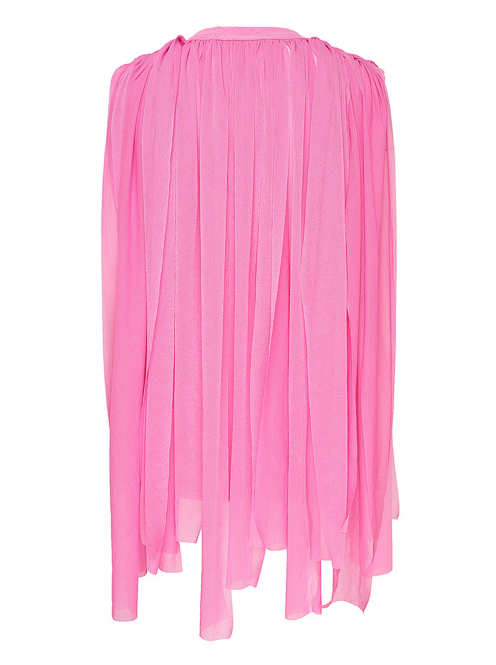 Comme des Garçons soft pleated sheer top in bubblegum pink, featuring a gathered round neckline and cascading semi-transparent streamer panels - view 2