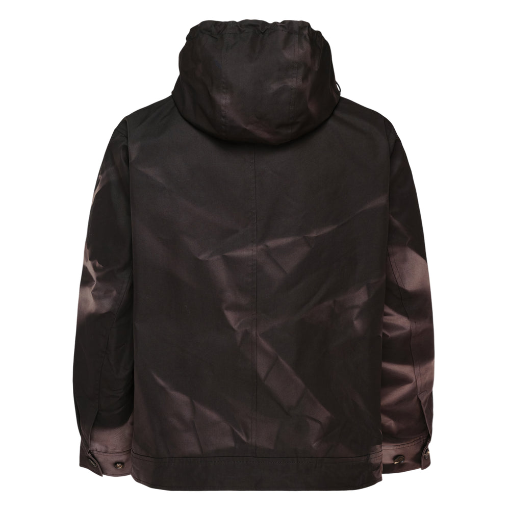 JiyongKim Sun-Bleached Asymmetric Front Blouson in deep brown satin-finish fabric with oversized hood, tonal drawstring cords, asymmetric button placket, and elasticated hem, styled flat on a white background - view 2