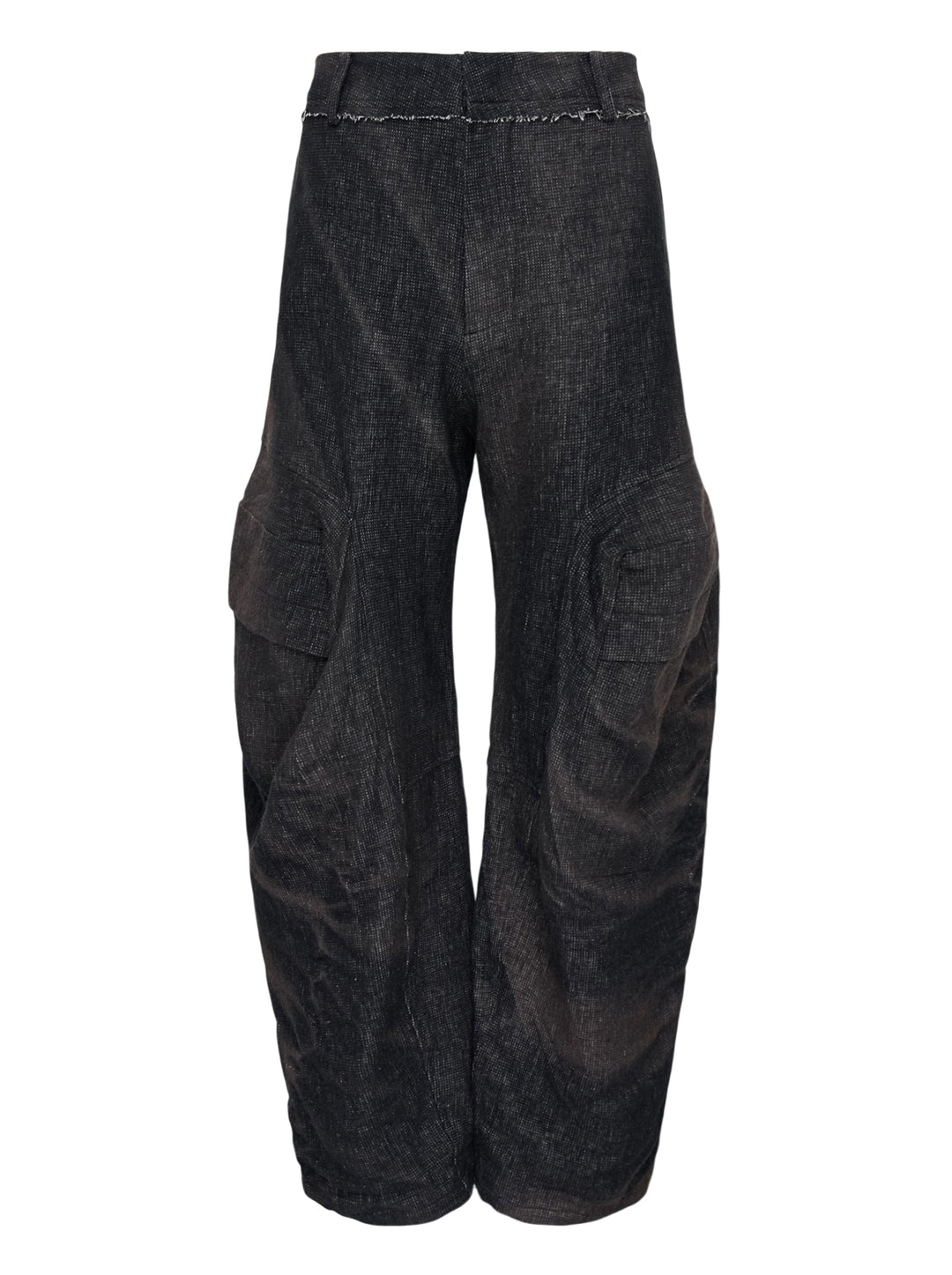 JiyongKim sun-bleached wide-leg trousers in faded charcoal with oversized 3D cargo pockets and a frayed waistband, front view