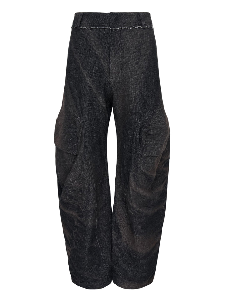 JiyongKim sun-bleached wide-leg trousers in faded charcoal with oversized 3D cargo pockets and a frayed waistband, front view