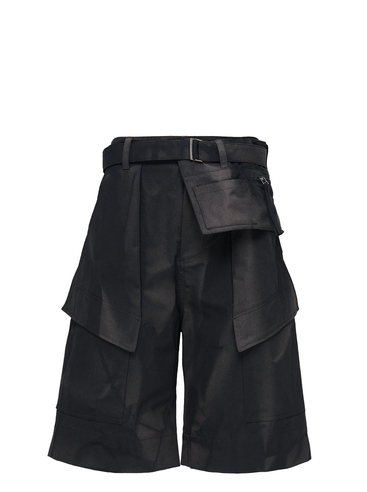 JiyongKim sun-bleached black shorts with belted waist, detachable zip pocket and oversized flap cargo pockets