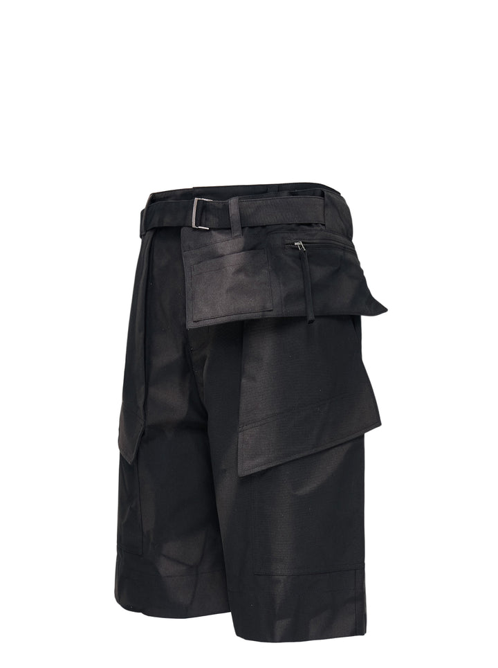 JiyongKim sun-bleached black shorts with belted waist, detachable zip pocket and oversized flap cargo pockets - view 3