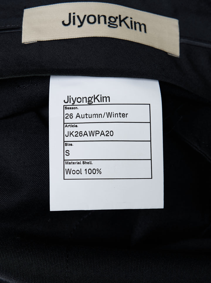 JiyongKim black Layered Panel Trousers with draped buttoned panel and sculpted side volume, shown from the front - view 5