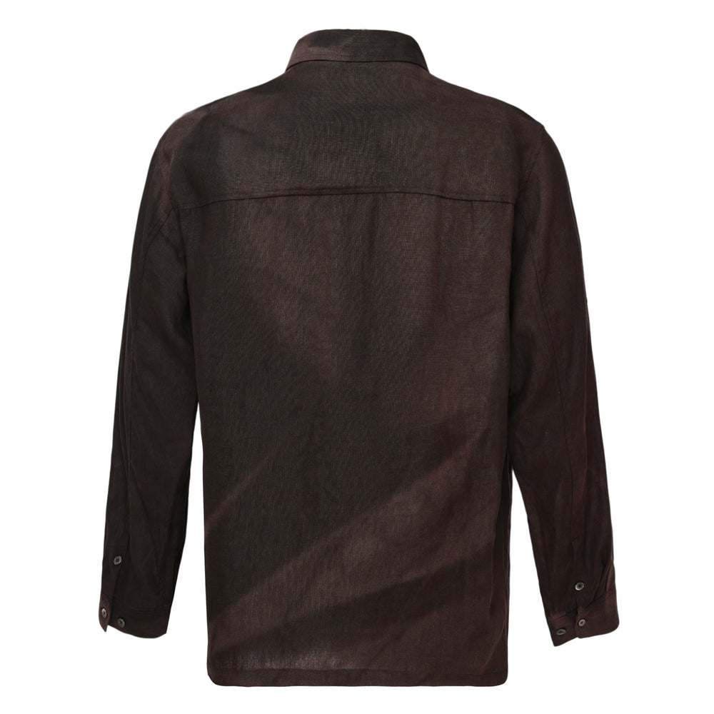 JiyongKim Sun-Bleached Strap Shirt in dark brown, featuring a classic point collar, button-through front, single chest pocket, and adjustable button strap detailing on the sleeves - view 2