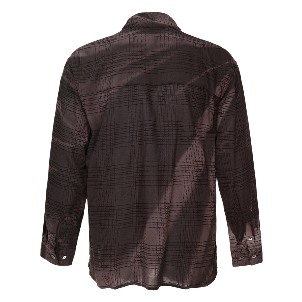 JiyongKim Sun-Bleached Drape Long Sleeve Shirt in dark tonal plaid jacquard with asymmetric twisted front drape and mandarin collar - view 2
