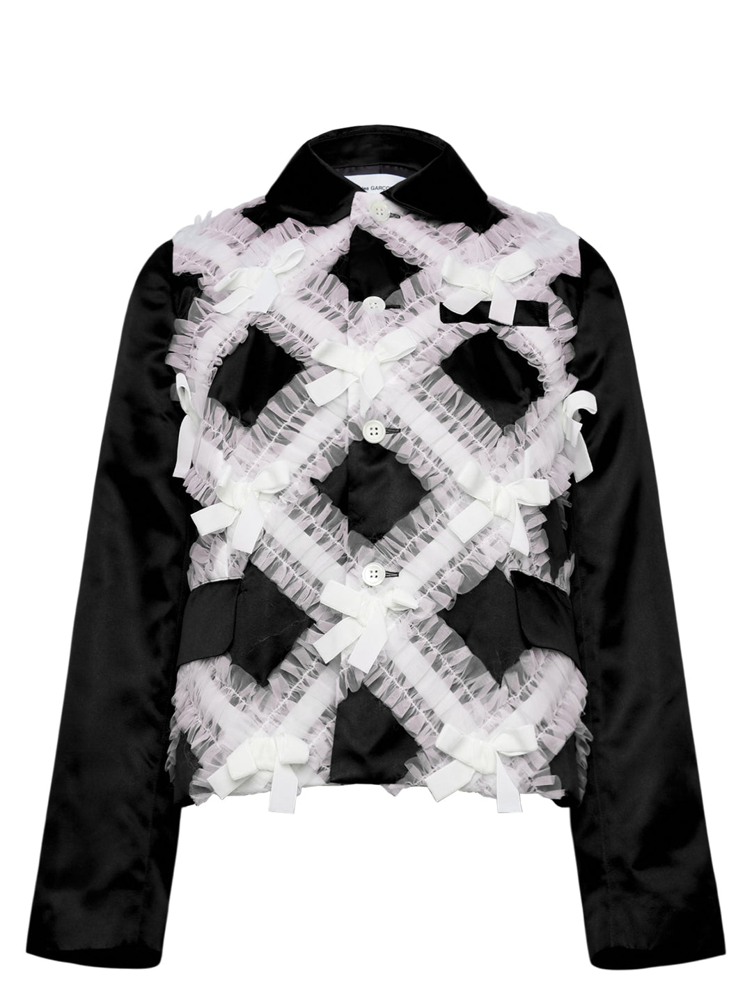 Comme des Garçons Girl black satin jacket with sheer tulle criss-cross ruffles and white ribbon bows across the front body, shown flat on a white background