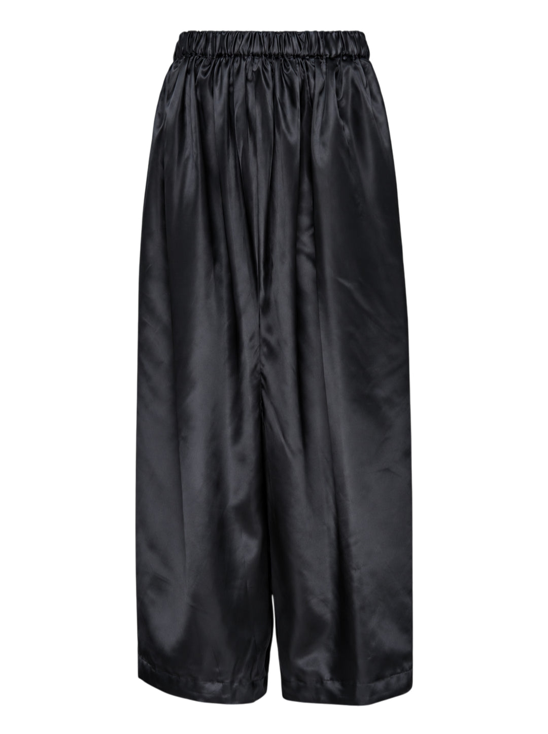Comme des Garçons Girl black polyester satin wide-leg pants with elasticated ruched waistband and voluminous gathered silhouette, front view