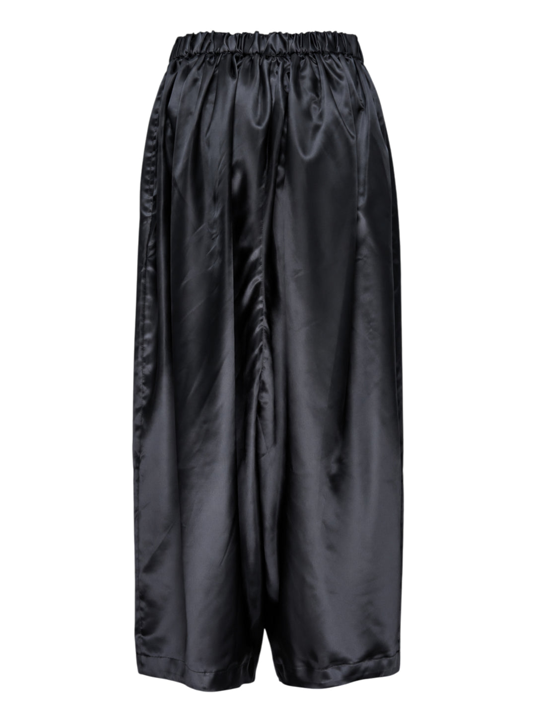Comme des Garçons Girl black polyester satin wide-leg pants with elasticated ruched waistband and voluminous gathered silhouette, front view - view 2