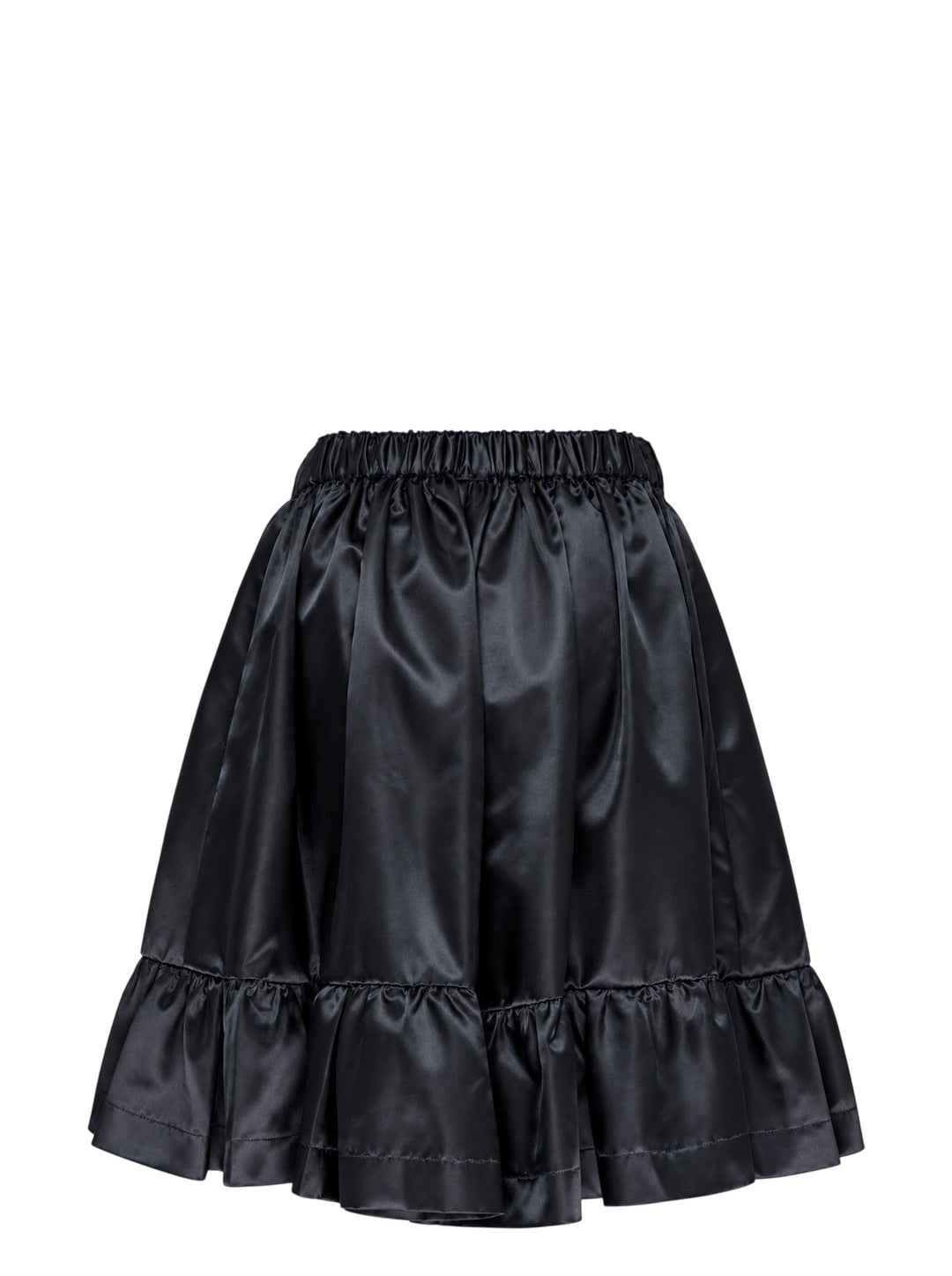 Comme des Garçons Girl black satin shorts with elasticated ruched waistband, gathered silhouette, and tiered ruffle hem, shot flat on a white background - view 2