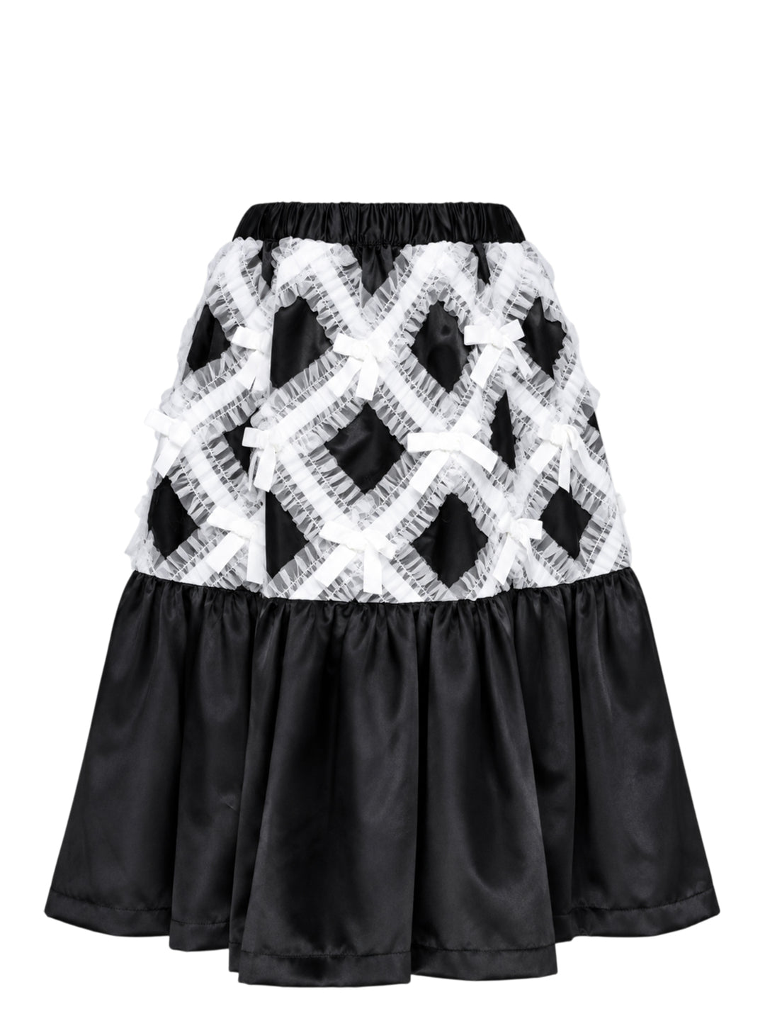Comme des Garçons Girl black satin A-line skirt with white criss-cross tulle lattice overlay and satin ribbon bows, gathered flared hem, white background - view 2