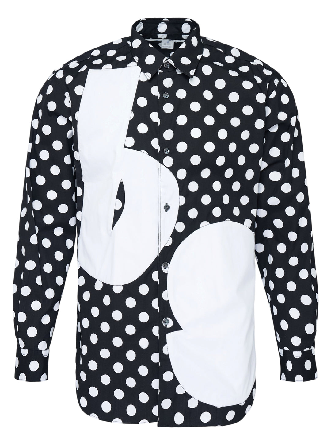 Comme des Garçons Shirt black and white polka dot long-sleeve button-up shirt with oversized white patchwork panels on the front