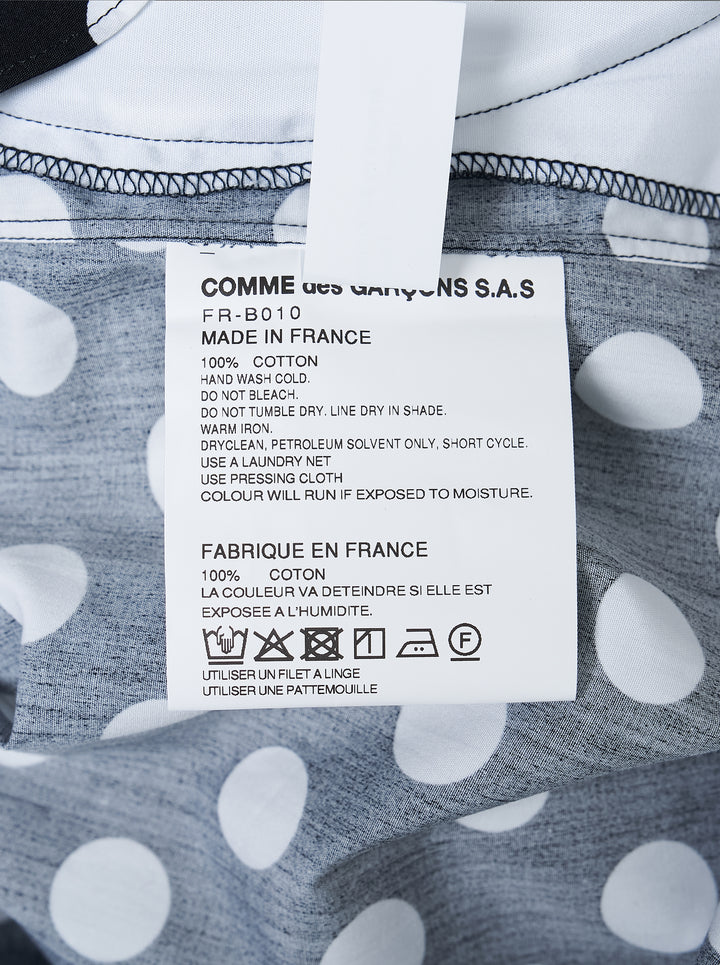 Comme des Garçons Shirt black and white polka dot long-sleeve button-up shirt with oversized white patchwork panels on the front - view 3