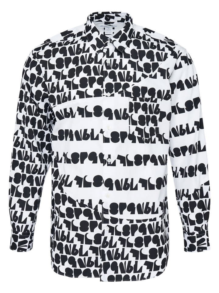 Comme des Garçons Shirt long sleeve shirt in white cotton with an all-over black abstract typography print, curved panel detail and chest pocket