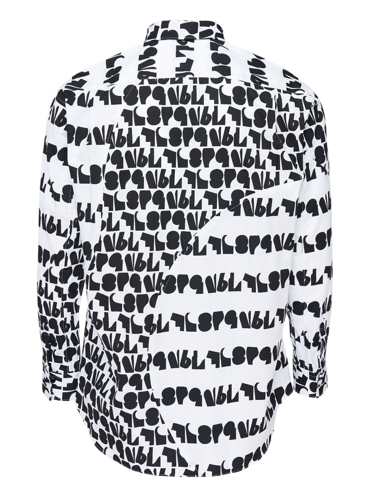 Comme des Garçons Shirt long sleeve shirt in white cotton with an all-over black abstract typography print, curved panel detail and chest pocket - view 2