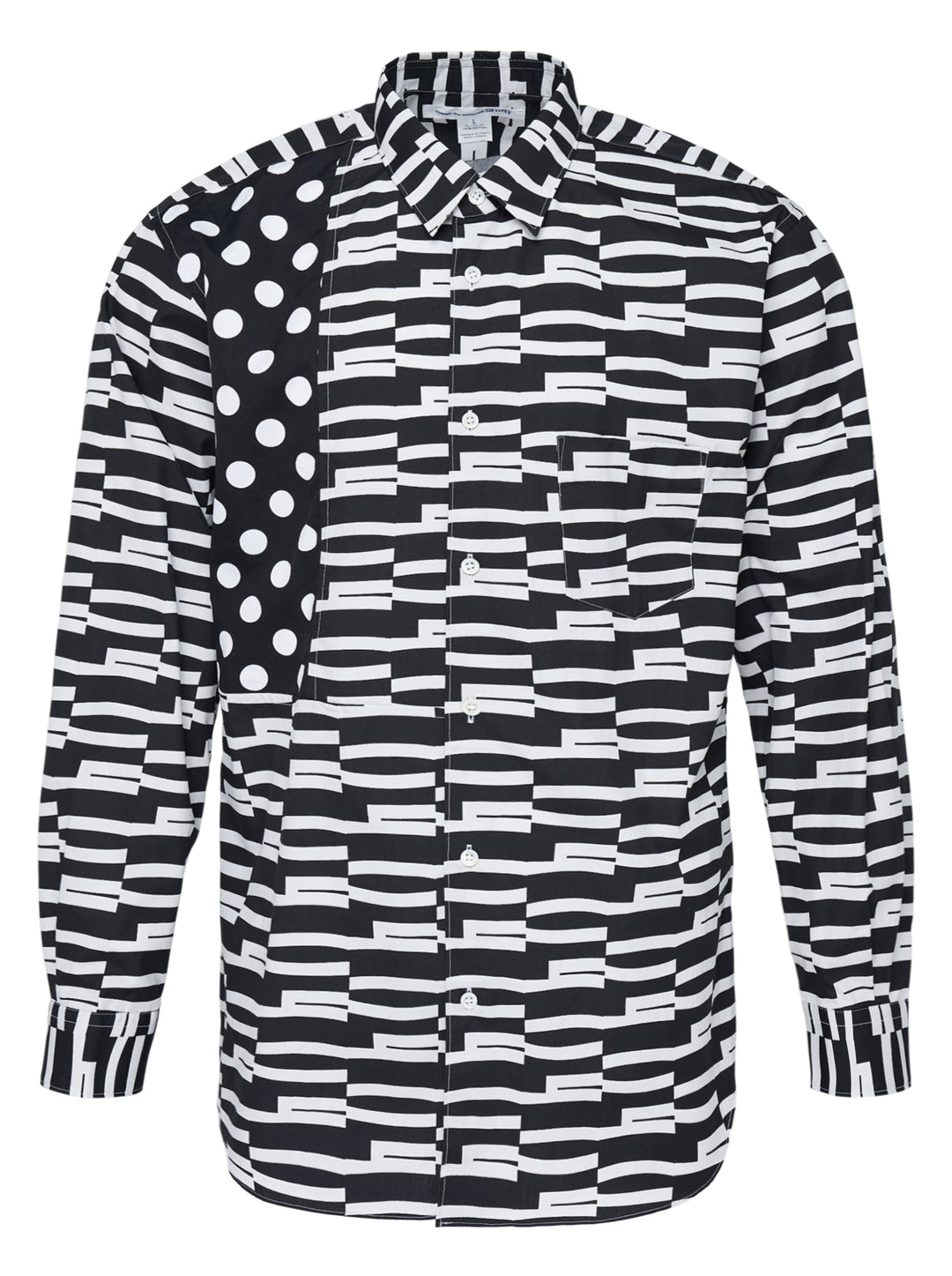 Comme des Garçons Shirt long-sleeve button-up in a black and white mixed print of offset graphic stripes with a polka dot panel and chest pocket