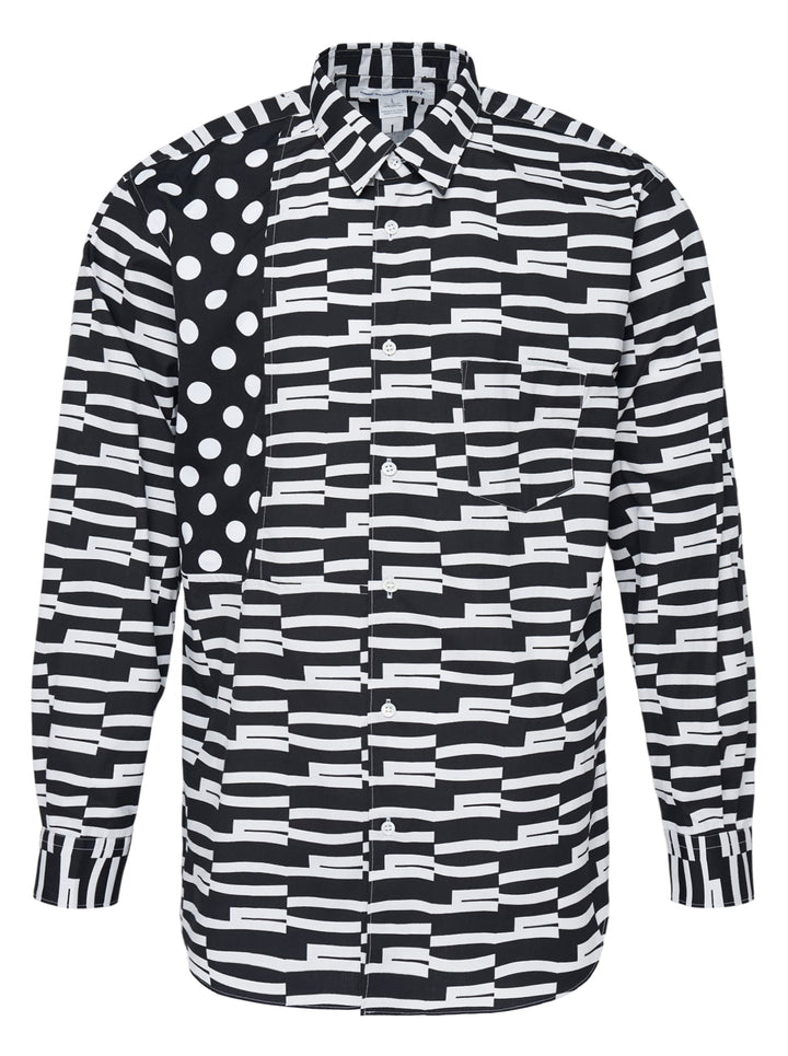 Comme des Garçons Shirt long-sleeve button-up in a black and white mixed print of offset graphic stripes with a polka dot panel and chest pocket