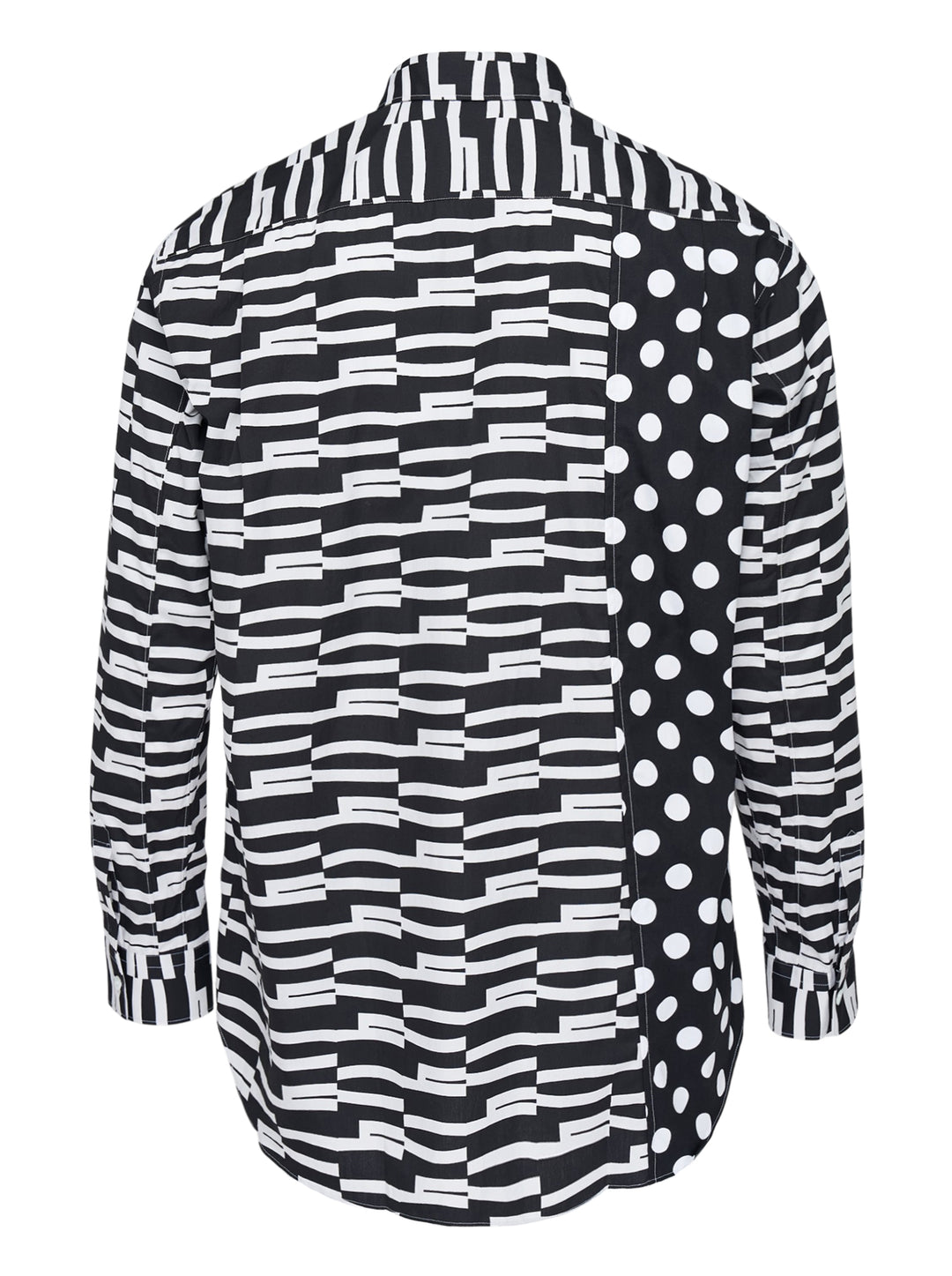 Comme des Garçons Shirt long-sleeve button-up in a black and white mixed print of offset graphic stripes with a polka dot panel and chest pocket - view 2