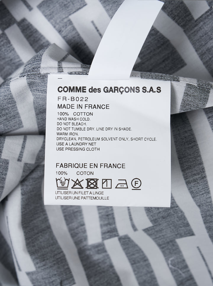 Comme des Garçons Shirt long-sleeve button-up in a black and white mixed print of offset graphic stripes with a polka dot panel and chest pocket - view 3