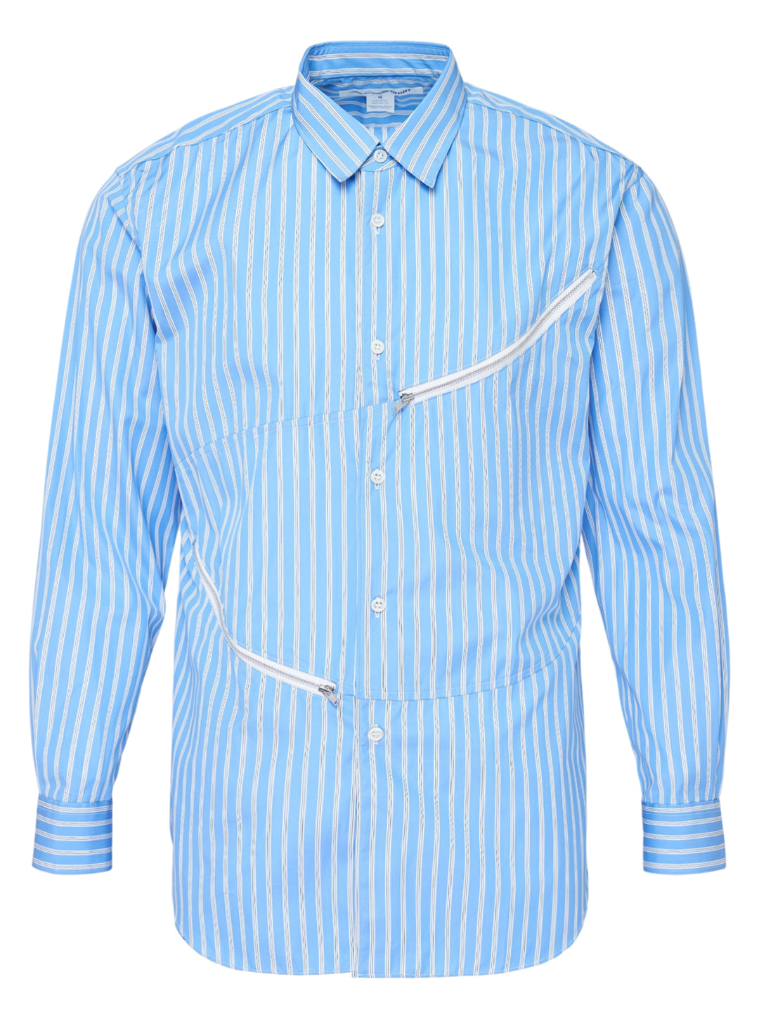 Comme des Garçons Shirt sky blue and white striped button-up shirt with curved seams and white zip detailing across the chest and waist