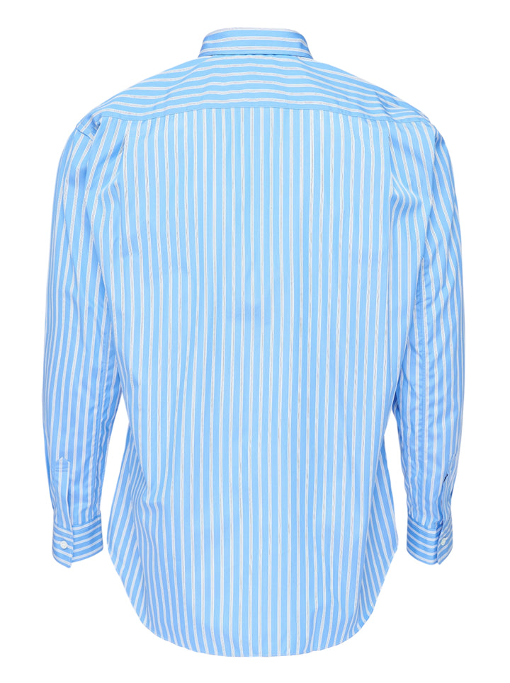 Comme des Garçons Shirt sky blue and white striped button-up shirt with curved seams and white zip detailing across the chest and waist - view 2