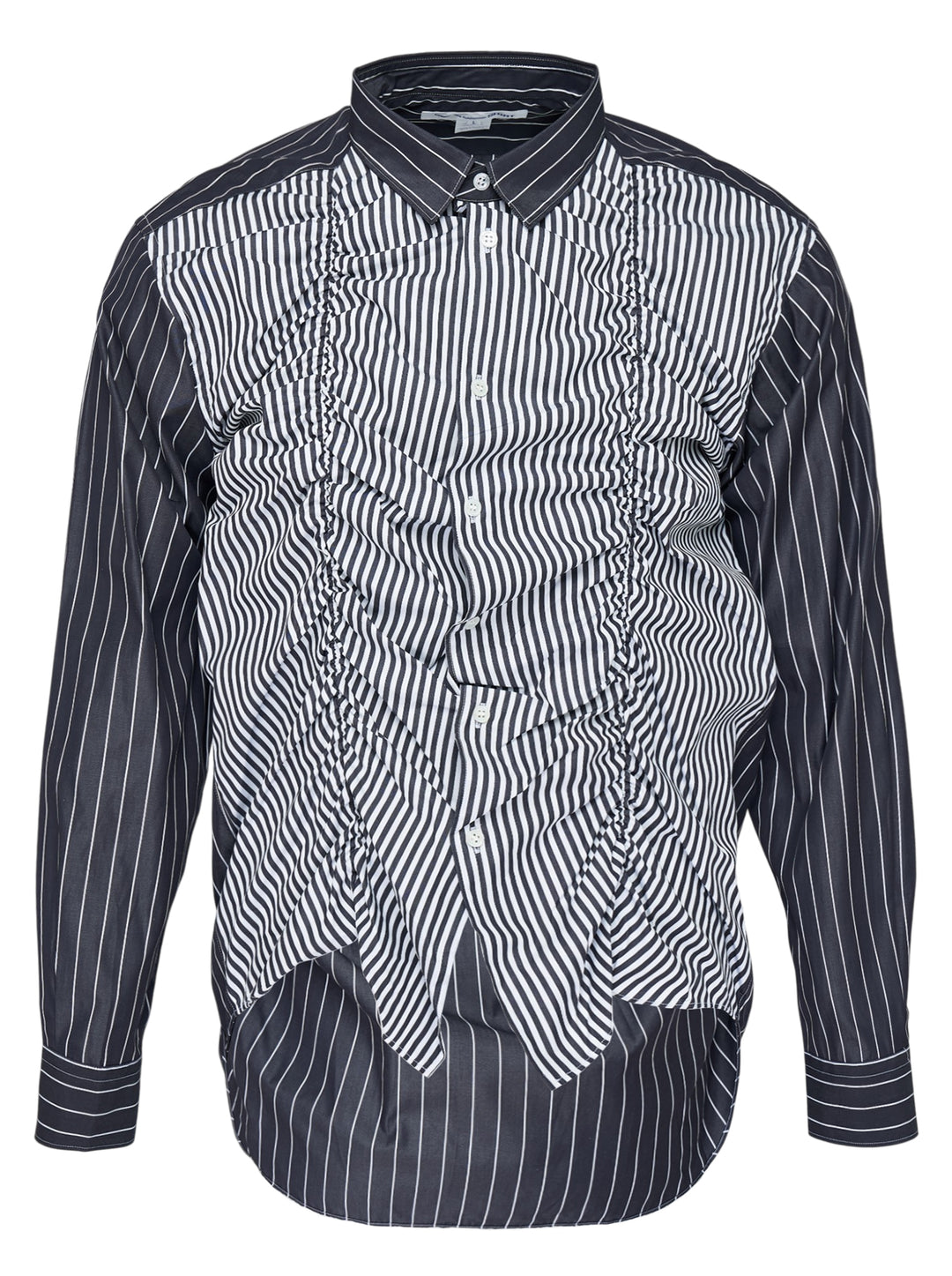 Comme des Garçons Shirt long sleeve button-up in black and white stripes with a ruched, wave-effect front panel and pointed layered hem