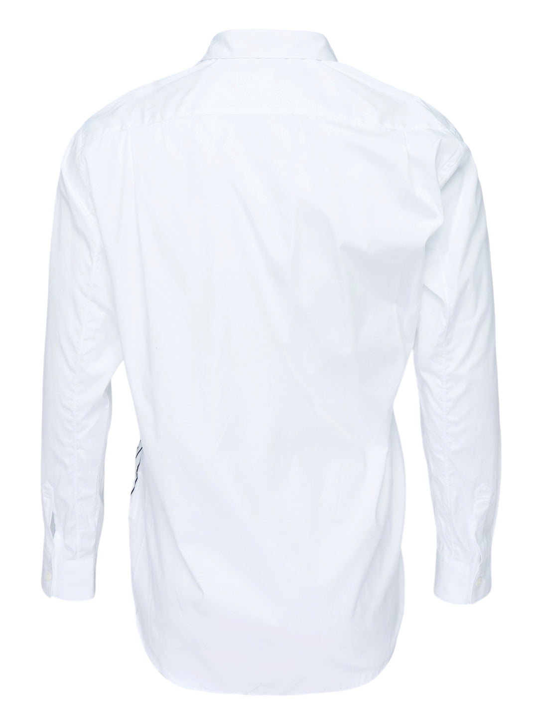 White long sleeve Comme des Garçons Shirt with a gathered black pinstripe front panel and asymmetric curved hem - view 2