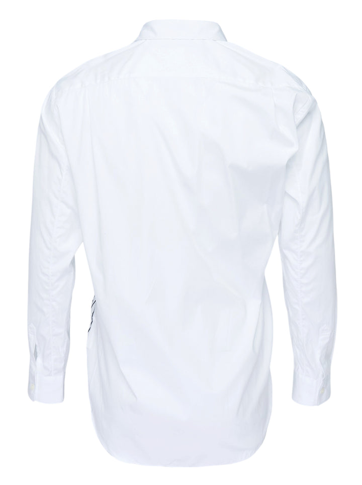 White long sleeve Comme des Garçons Shirt with a gathered black pinstripe front panel and asymmetric curved hem - view 2