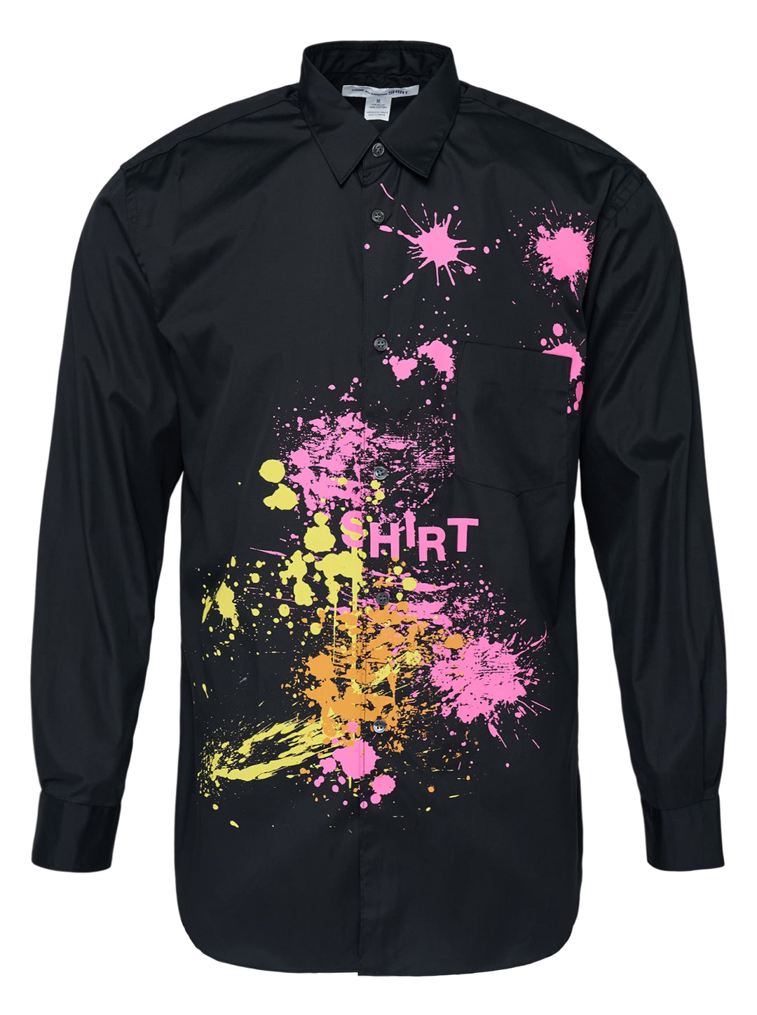 Comme des Garçons SHIRT black long sleeve shirt with pink, yellow and orange paint splatter print and SHIRT graphic