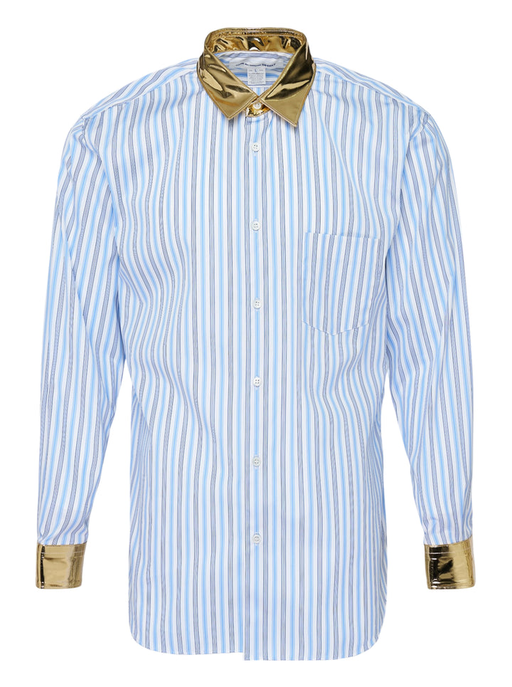 Blue and white striped button-up shirt with metallic gold collar and cuffs and a chest pocket