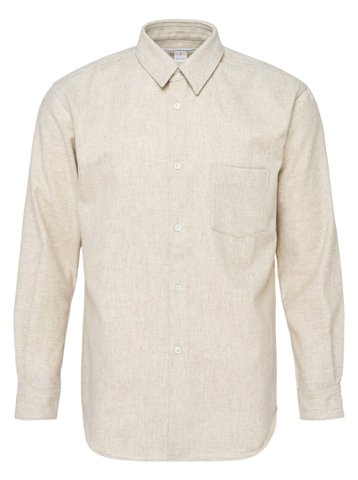 Comme des Garçons SHIRT wool nylon blend button-up shirt in heathered oatmeal with point collar, chest patch pocket and white buttons