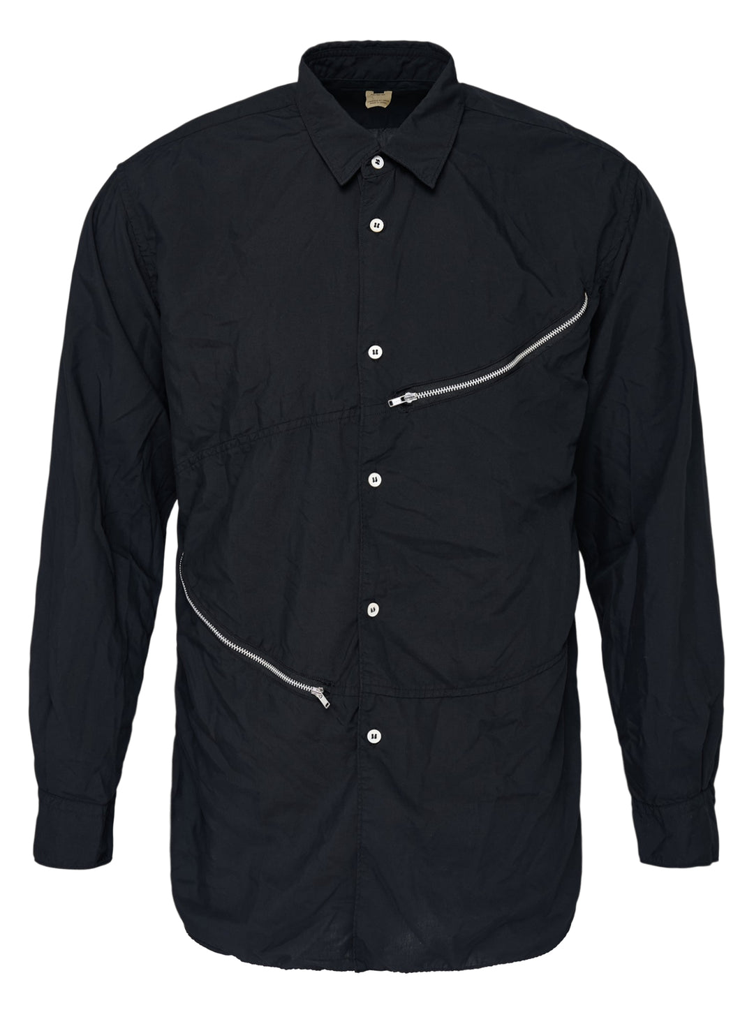 Comme des Garçons Shirt black long sleeve button-up shirt with two diagonal metal zips across the front