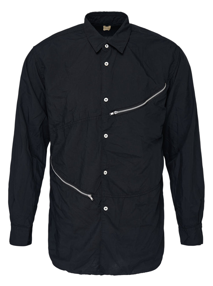 Comme des Garçons Shirt black long sleeve button-up shirt with two diagonal metal zips across the front
