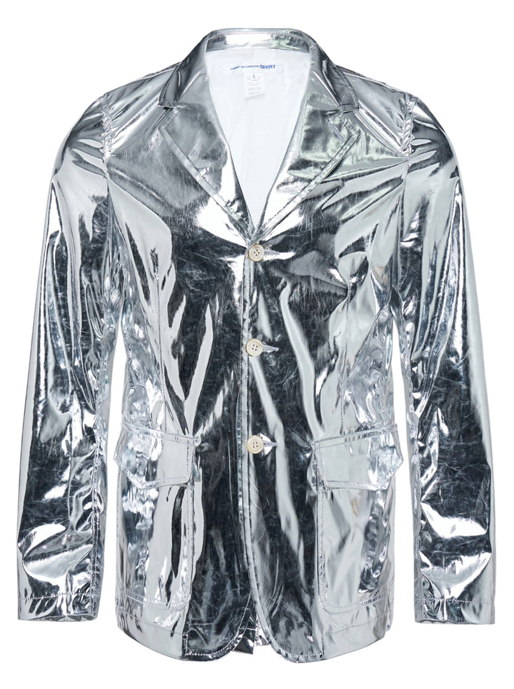 Comme des Garçons Shirt metallic silver blazer with notch lapels, three buttons and flap pockets, shown on a white background