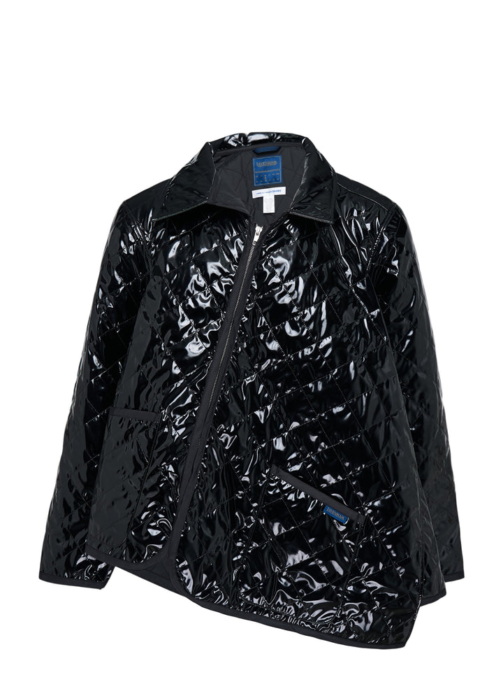 Black lacquered diamond-quilted zip-up jacket with asymmetric zip, collar and patch pockets by Comme des Garçons Shirt x Lavenham