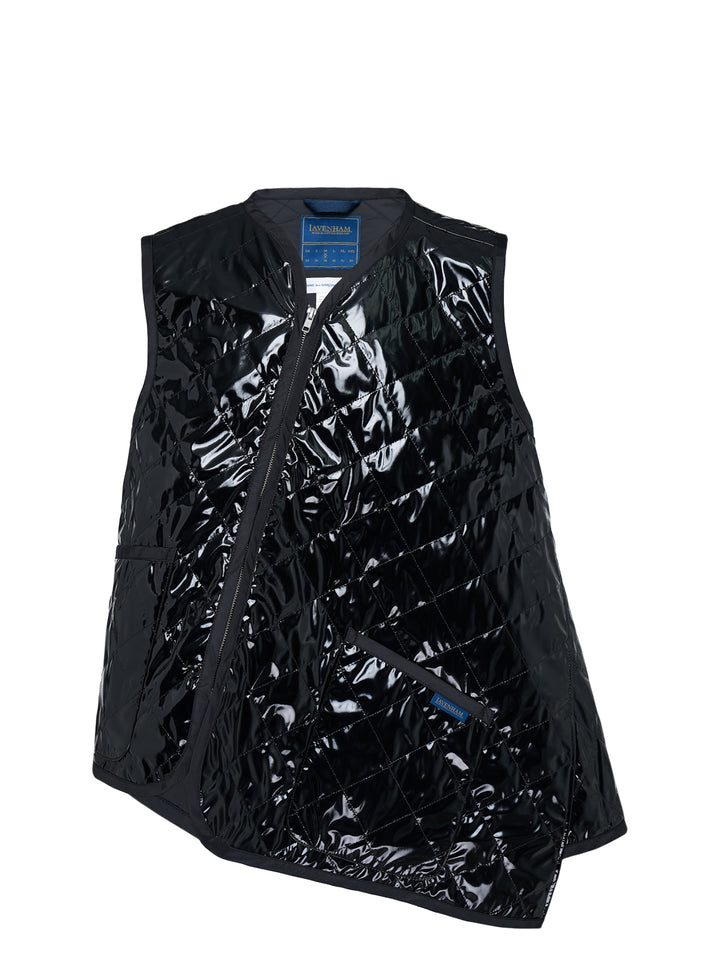 Black lacquered quilted asymmetric vest with diagonal zip front and Lavenham label by Comme des Garçons Shirt