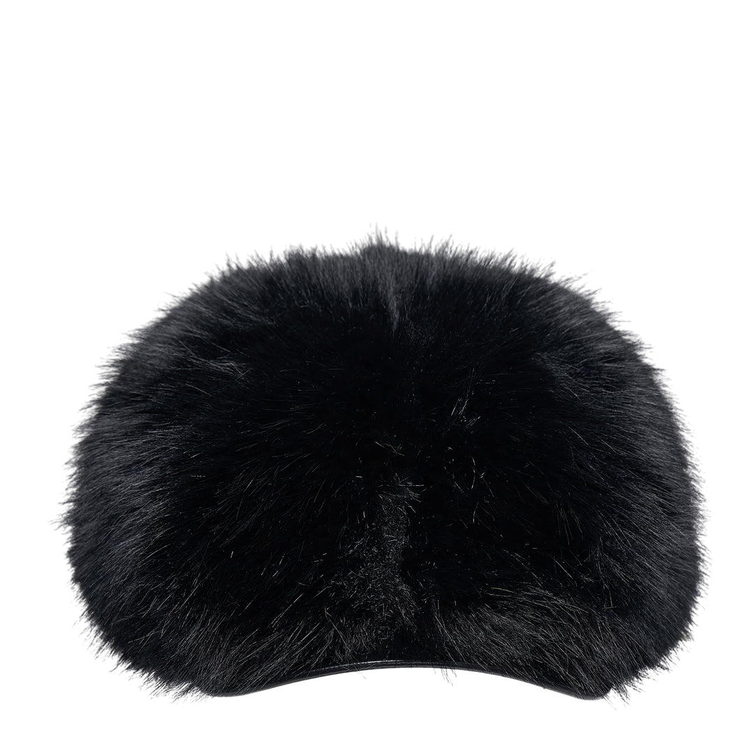 Comme des Garçons SHIRT black faux fur gavroche hat with voluminous pile and structured cap silhouette, front view on white background