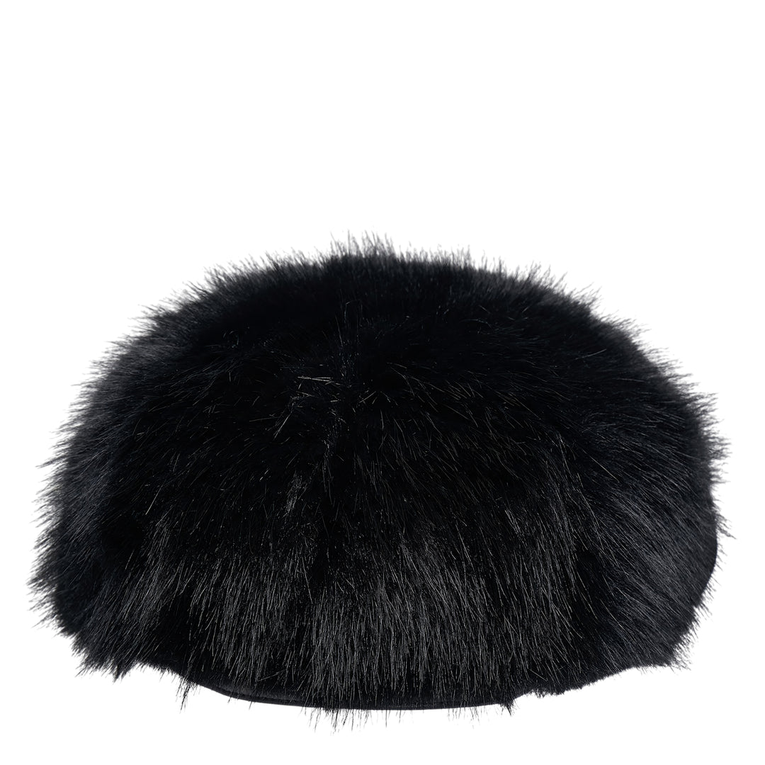 Comme des Garçons SHIRT black faux fur gavroche hat with voluminous pile and structured cap silhouette, front view on white background