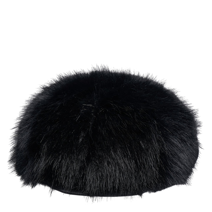 Comme des Garçons SHIRT black faux fur gavroche hat with voluminous pile and structured cap silhouette, front view on white background