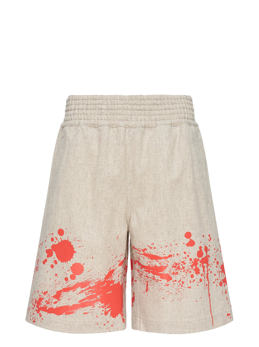 Comme des Garçons Shirt oatmeal wool shorts with red paint splash print along the hem and a ribbed elasticated waistband
