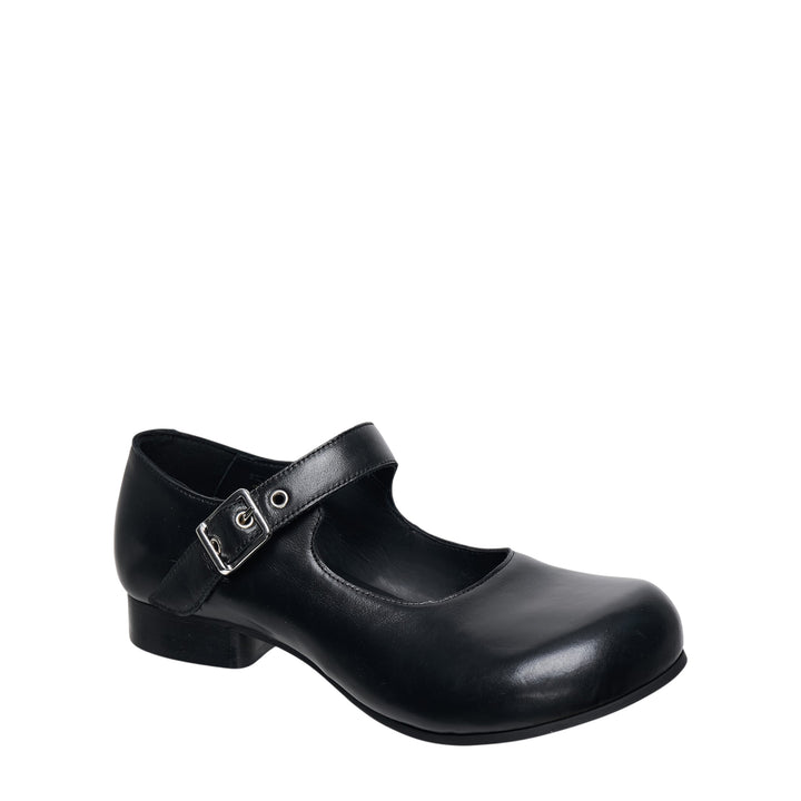 Comme des Garçons Comme des Garçons black leather Mary Jane flat with sculptural round toe and silver buckle instep strap, side profile view - view 2