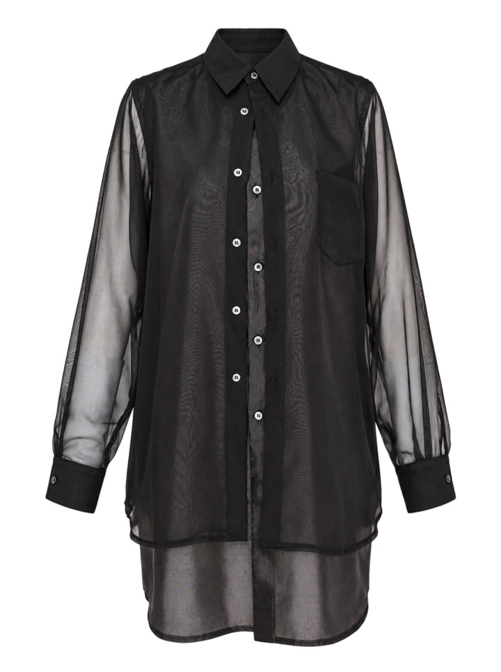 Black layered sheer long-sleeve shirt with pointed collar, white buttons, chest pocket and extended underlayer hem, shown on a white background