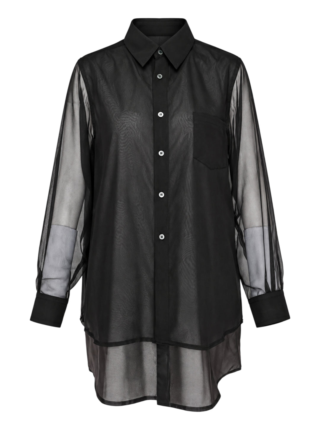 Black layered sheer long-sleeve shirt with pointed collar, white buttons, chest pocket and extended underlayer hem, shown on a white background - view 3